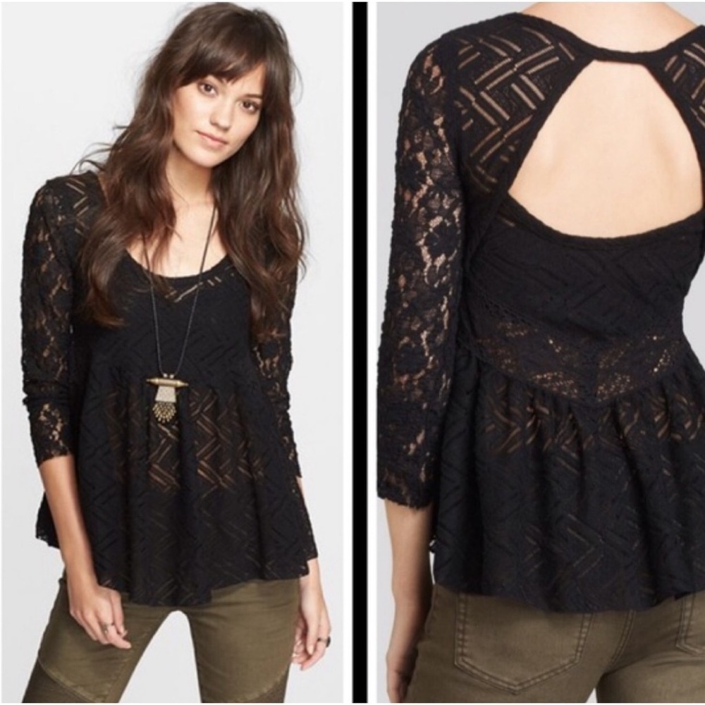 Free People Gracie Lace 3/4 Sleeve Peplum Top XS